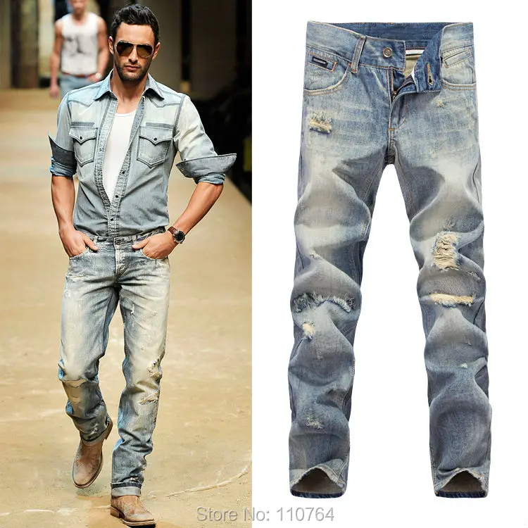 2014 G Men Fashion Brand Slim Straight Ripped Jeans Hole