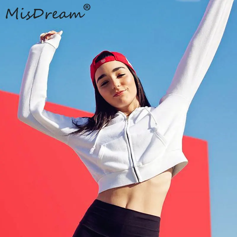 MisDream Baseball White Hooded Coats Jackets Womens Outerwear Autumn Cropped Zipper Up Sport Jackets Women Casual Coats Crop Top Coats