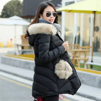 Best price at $169 Cheap 2015 Autumn Winter New Woman Hooded Down jacket Mid Long Pocket Fox Fur collar A version Cloak Down jacket Parkas Coat