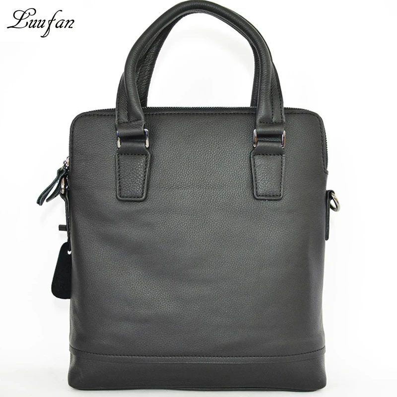 Men's Genuine leather tote bag with double zipper layer Black Cow