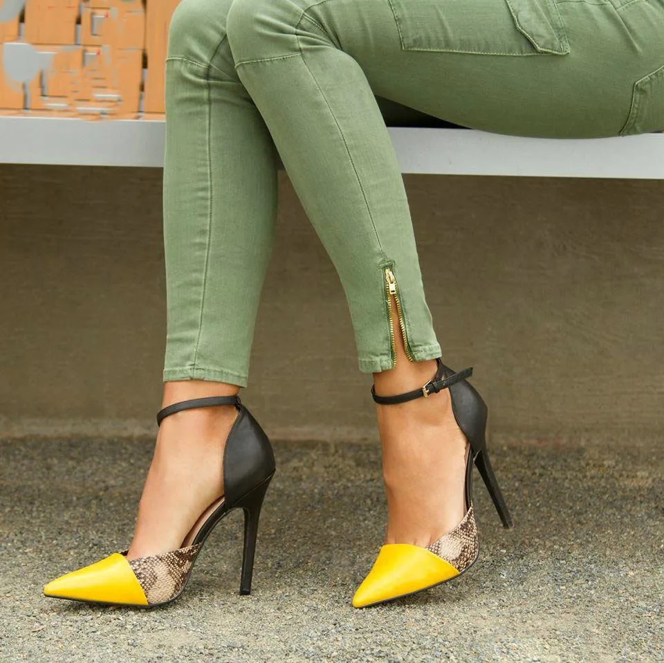 Women Shoes 2018 High Heels Serpentine Pattern Yellow Pointed Thin