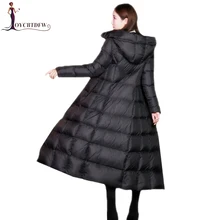 Зимний женский пуховик, длинная модная верхняя одежда, тонкое женское пальто с капюшоном, уплотненный теплый пуховик высокого качества DD699