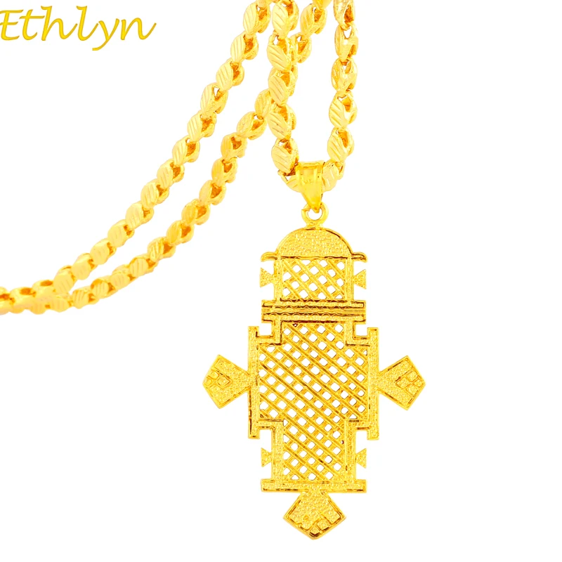 Ethlyn Ethiopian Gold Color Big Cross Pendant Necklaces for Women/Men