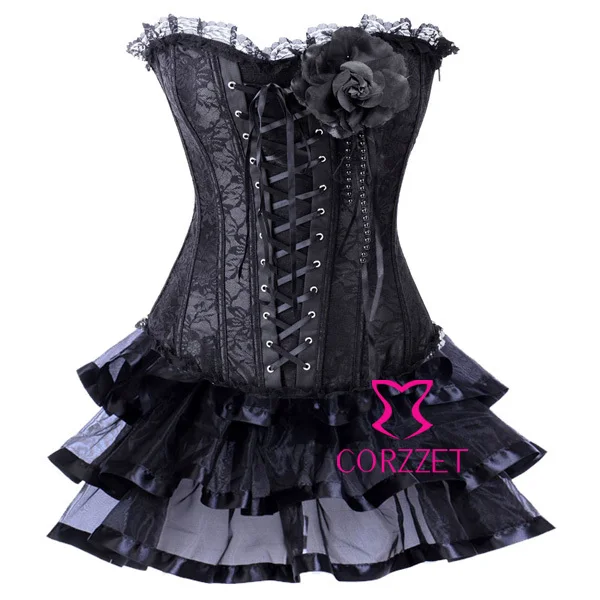 Women Burlesque Clubwear Lace & Satin Black Sexy Corset Dress Strapless