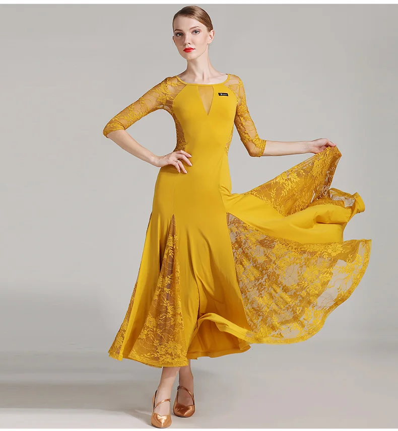 

Lady Ballroom Dancing Dress Women Modern Waltz Tango Standard Costumes Female Dance Practice Lace Dress Half Sleeve Oneck D-0329