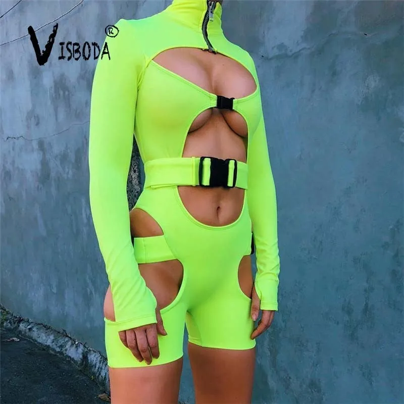

Women Neon Green Buckle Playsuit Fitness Long Sleeve Tight Short Jumpsuit Summer Lady Fashion Zipper Hollow Out Romper Plus Size