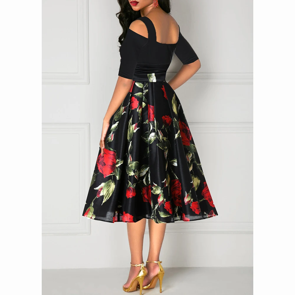 Женское винтажное платье с высокой талией и цветочным принтом элегантное