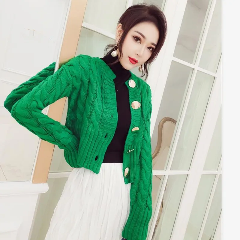 Autumn Winter 2019 New O Neck Short Cardigan Rough knit Twist Casual Sweater Women Metal button Temperament Knitted Outwear |