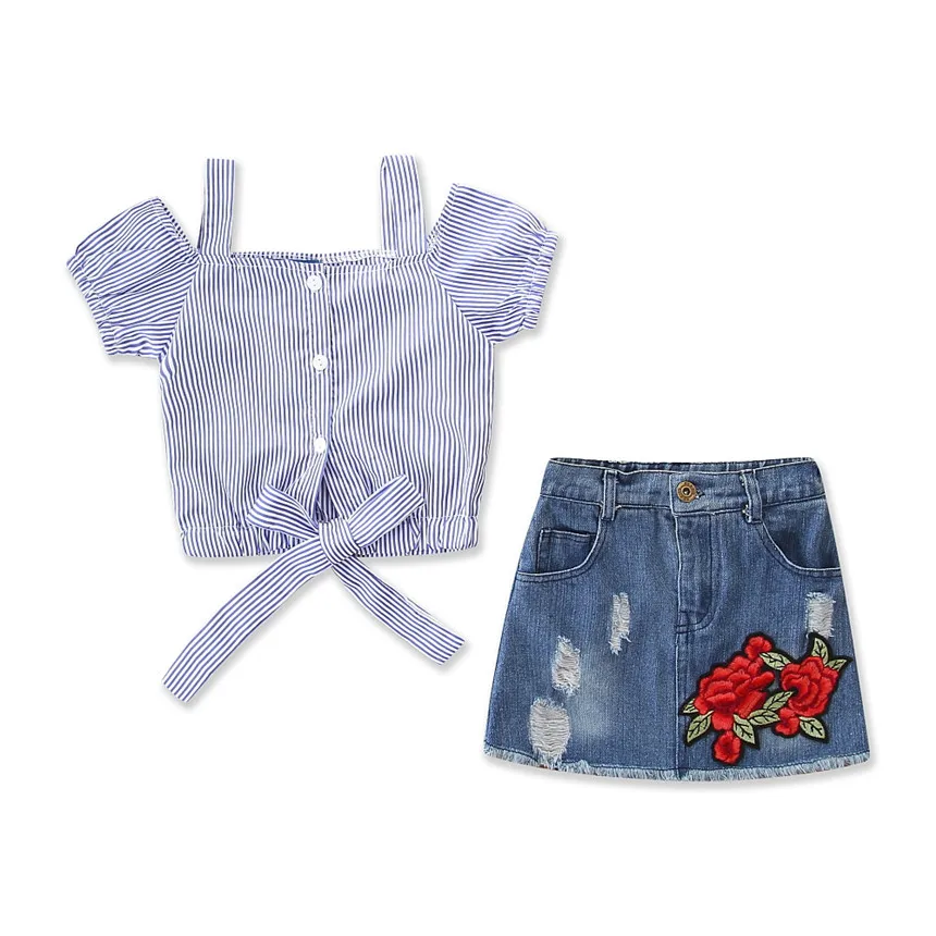

Summer Boutique Kids Clothing Stripe Tops+Embroidered Flowers Denim Skirt 2pcs Toddler Girls Clothes Children Outfits Size 1-5Y