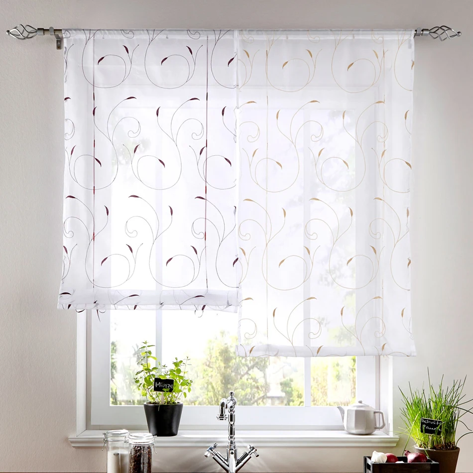 European Style Roman Shade Embroidery Window Voile Sheer Tab Top Window