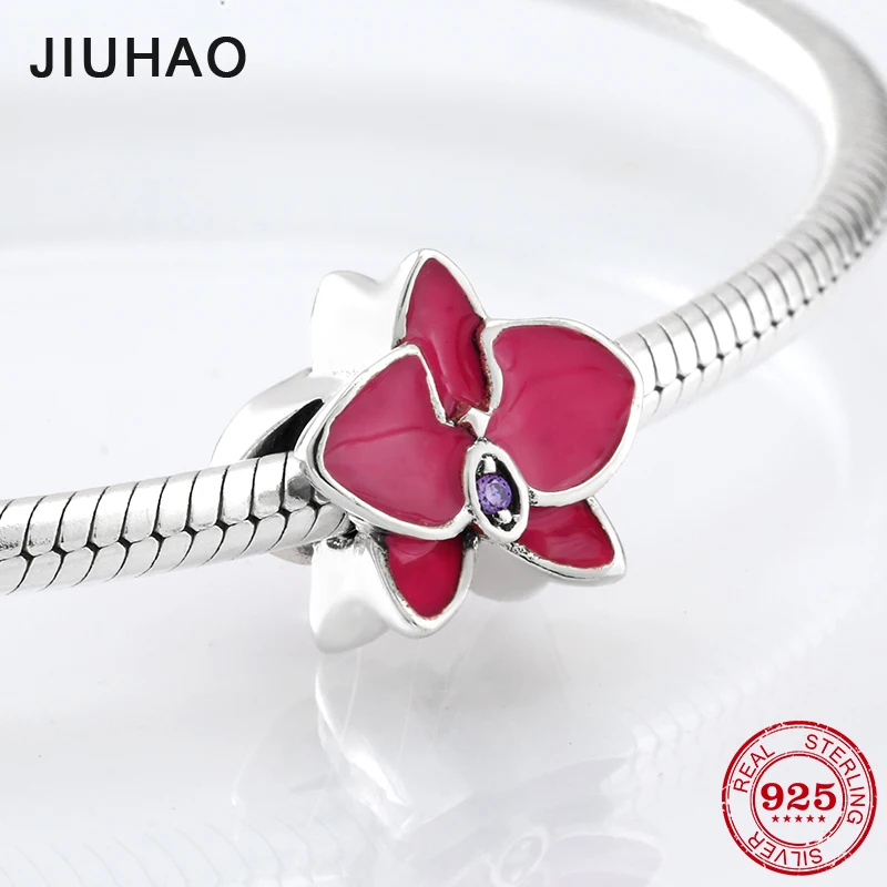 

Hot Pink Enamel Moth orchid DIY beads 925 Sterling Silver accessories for jewelry making Fit Original Pandora Charm Bracelet
