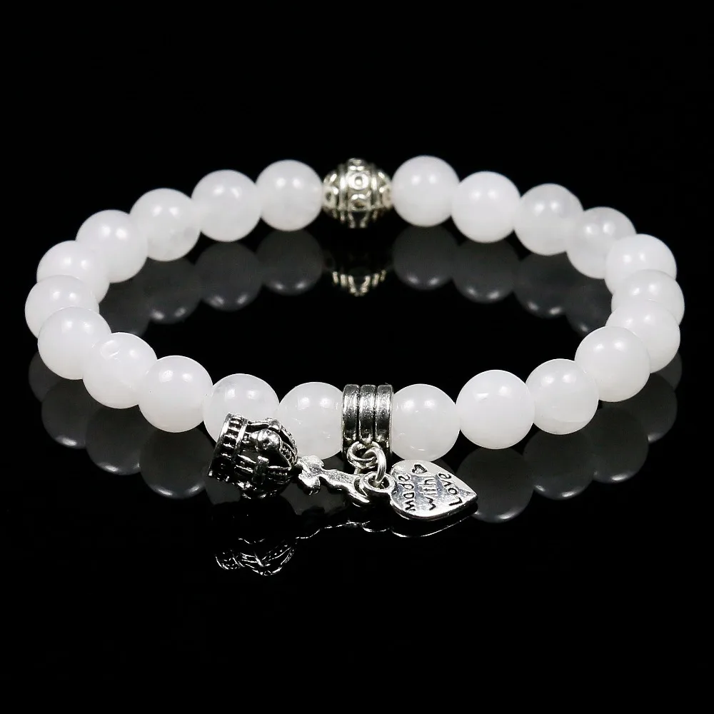 

Lovely White Chalcedony Charm Pulseiras Jewelry For Lover 8mm Natural White Stone Beads Hippocampus Bracelet Women Crown Jewelry