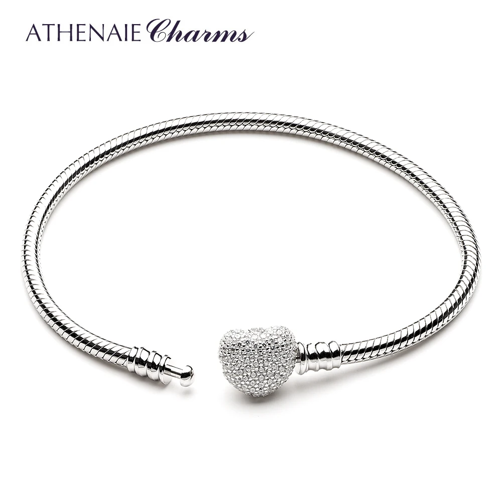 ATHENAIE 925 Sterling Silver Snake Chain With Pave Clear CZ Heart Clasp Bracelet Fit All European Charm Beads Christmas Jewelry