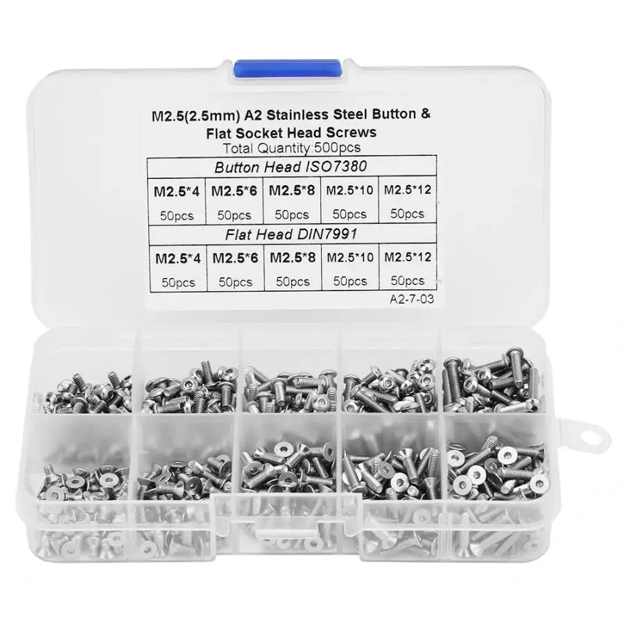 

Screw Nut 500pcs 1 Box M2.5*4/6/8/10/12 Button/Flat Head Hex Socket Screw Set