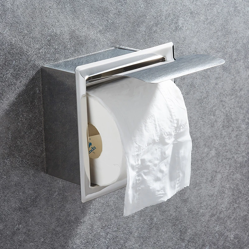 Recessed wall embedded stainless steel roll holder toilet paper holder tissue box tray paper towel ak15