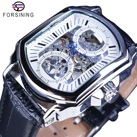 Relógio de Pulso dos Homens Forsining Retro Clássico Branco Dial Azul Mãos Transparente Esqueleto Automático Relógios Mecânicos Marca Superior Luxo