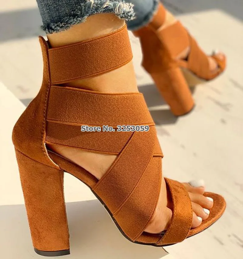 

ALMUDENA Top Brand Brown Black Elastic Band Chunky Heel Sandals Cross Strappy Cut-out Cage Shoes Gladiator Dress Pumps Dropship