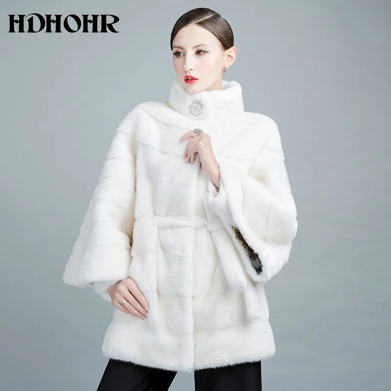 Hdhohr 2022 New White Mink Fur Coat Natural Mink Fur Coats With Belt