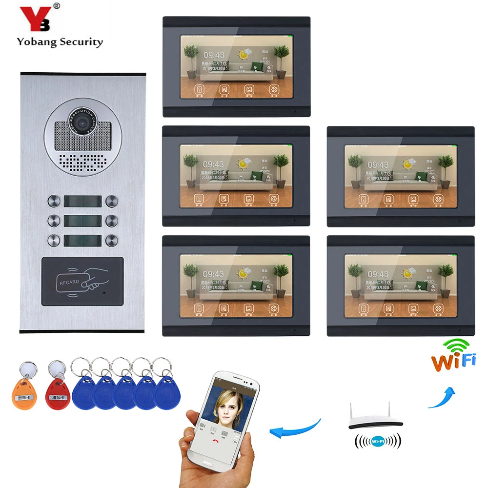 YobangSecurity 5 единиц квартира видеодомофон 7 дюймов ЖК-дисплей Wi-Fi беспроводной видео дверной звонок видео запись приложение управление
