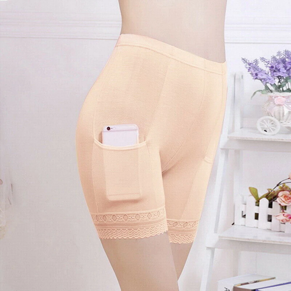

Summer Women Pocket Lace Safety Shorts Pants Female No Curling Base Insurance Pants Ladies Panties Girls Plus Size Solid Elastic