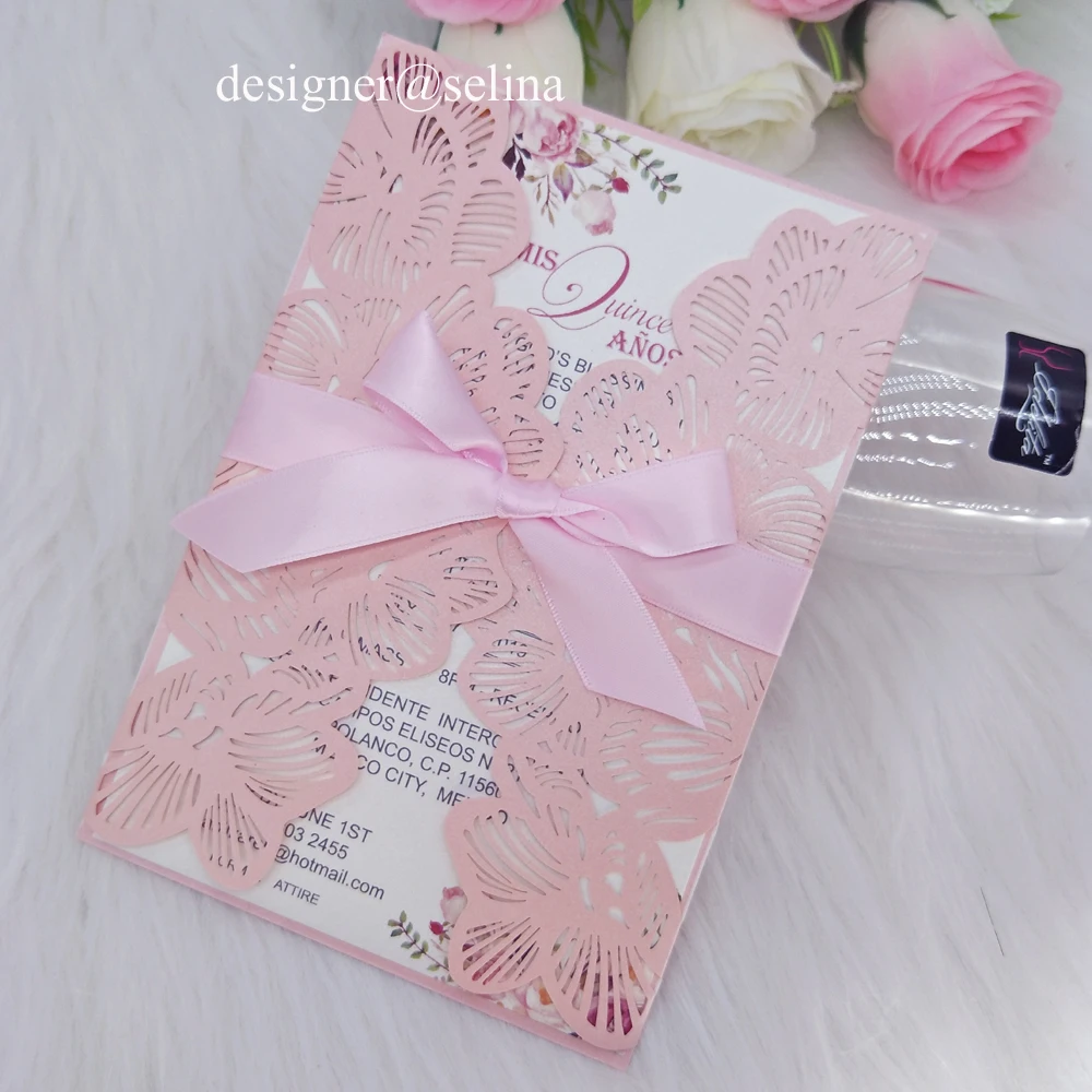 

Spring Flower Printed Wedding Invitations with Ribbon Laser Cut Quinceanera Invitation Sweet 15th Birthday Graduation Invites