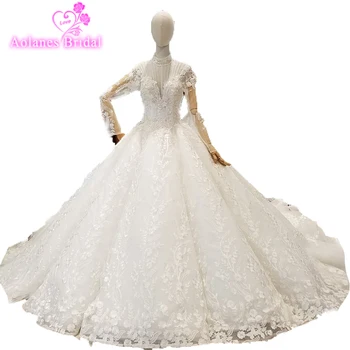 

Fashion High Neck Crystals Lace Wedding Dresses 2018 Sparkle Tulle Bridal Gowns With Full Sleeves Backless Vestidos De Novia