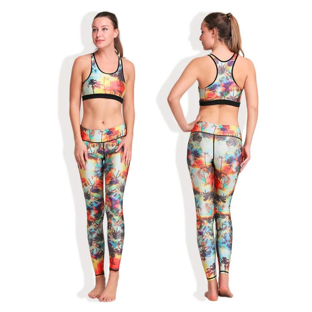2016 8902 Women Yoga Colorful Tank Vest Tree Sunset 3D Digital Printing Elastic Capris Breathable Girl Sports Yoga Legging Suits