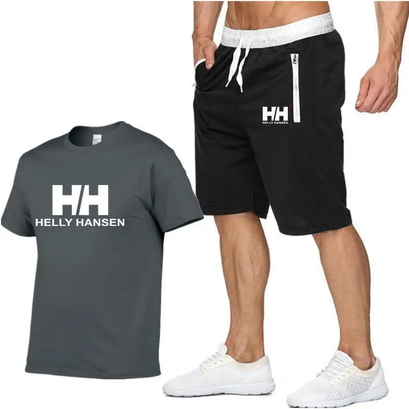 

2019 Summer HELLY Men T Shirts+Shorts Sets Summer Hot Sale Cotton Comfortable Short Sleeve Helly Hansen Tshirt men Casual Set