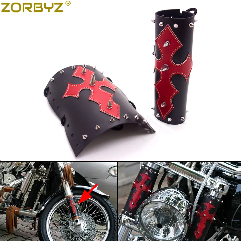 

ZORBYZ Universal Motorcycle Black Front Fork PU Leather Cover Red Cross With Chrome spikes For Harley Honda Yamaha