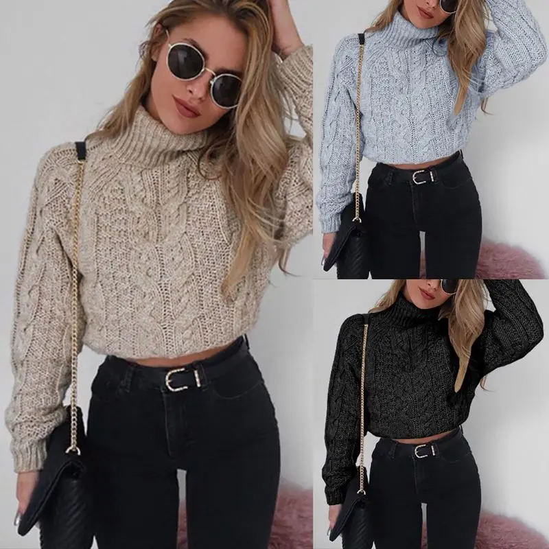 

Womens Winter Basic Chunky Braided Knitted Sweater Solid Color Turtleneck Long Sleeve Short Crop Top Retro Twisted Slim Pullover