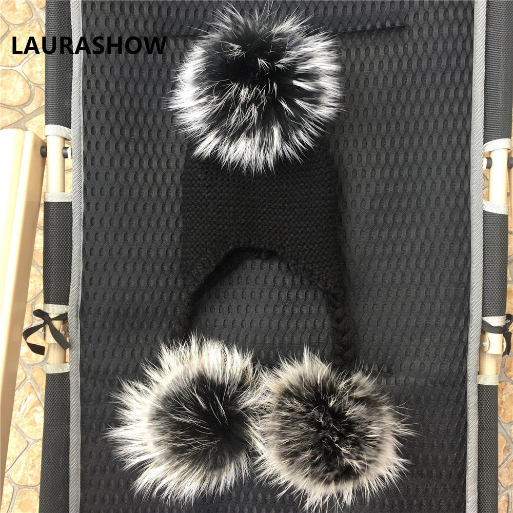 Детская зимняя шапка с помпоном из натурального меха норки енота|beanie wool|pompom hathat
