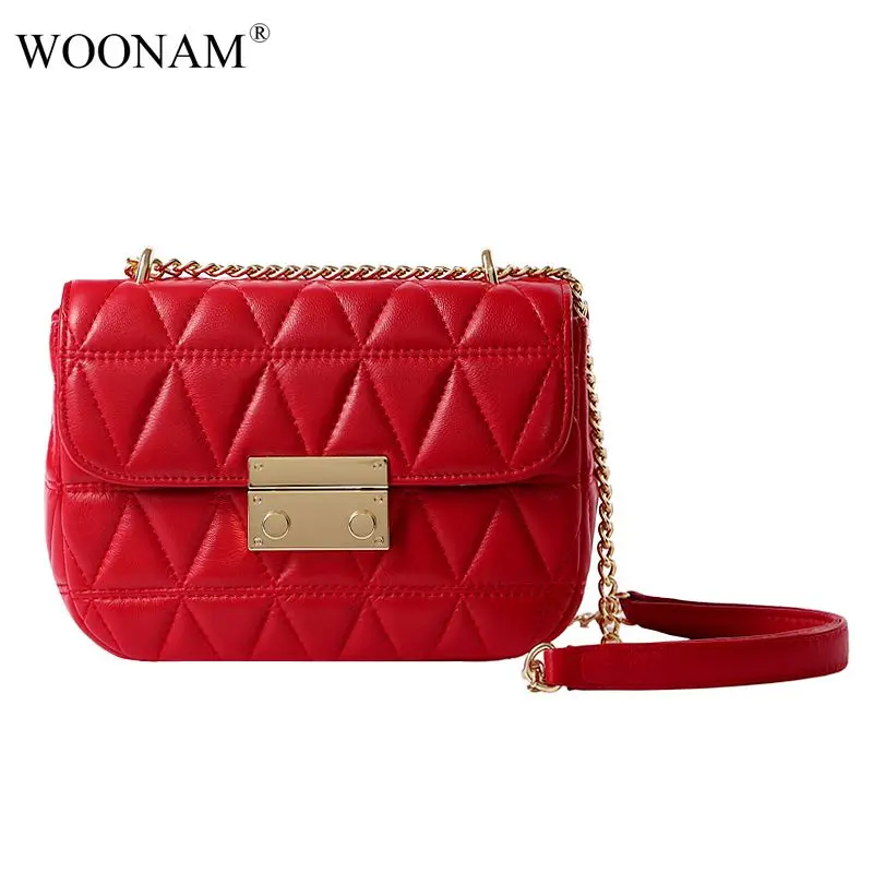 WOONAM Women Fashion Genuine Quilted Lambskin Leather Chain Small Flap Shoulder Cross-body Handbag WB782