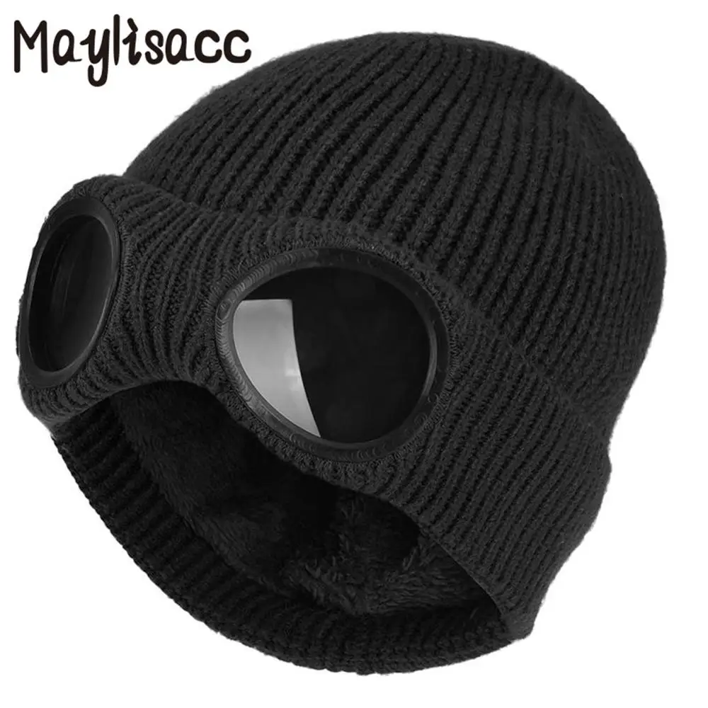 Maylisacc 3 цвета зимняя вязаная шапка теплые шапочки Skullies лыжный Кепки с Съемные очки для Для женщин Для мужчин Спорт на открытом воздухе Кепки - Цвет: Black