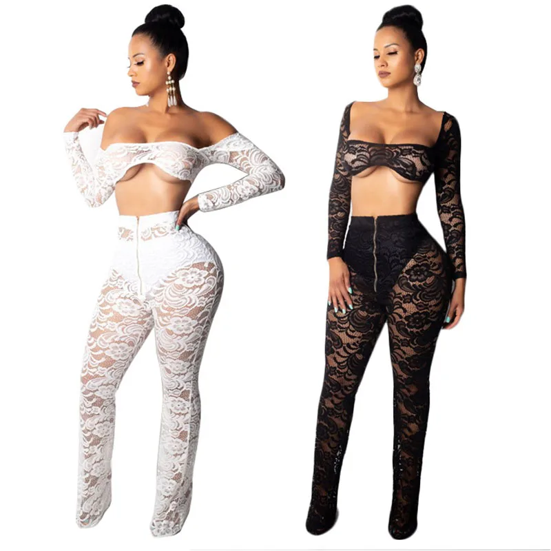 

2019 Autumn Winter New Sexy Lace Perspective Backless Nightclub Sets For Female Long Sleeve Top Lady Long Pants Two-piece Set