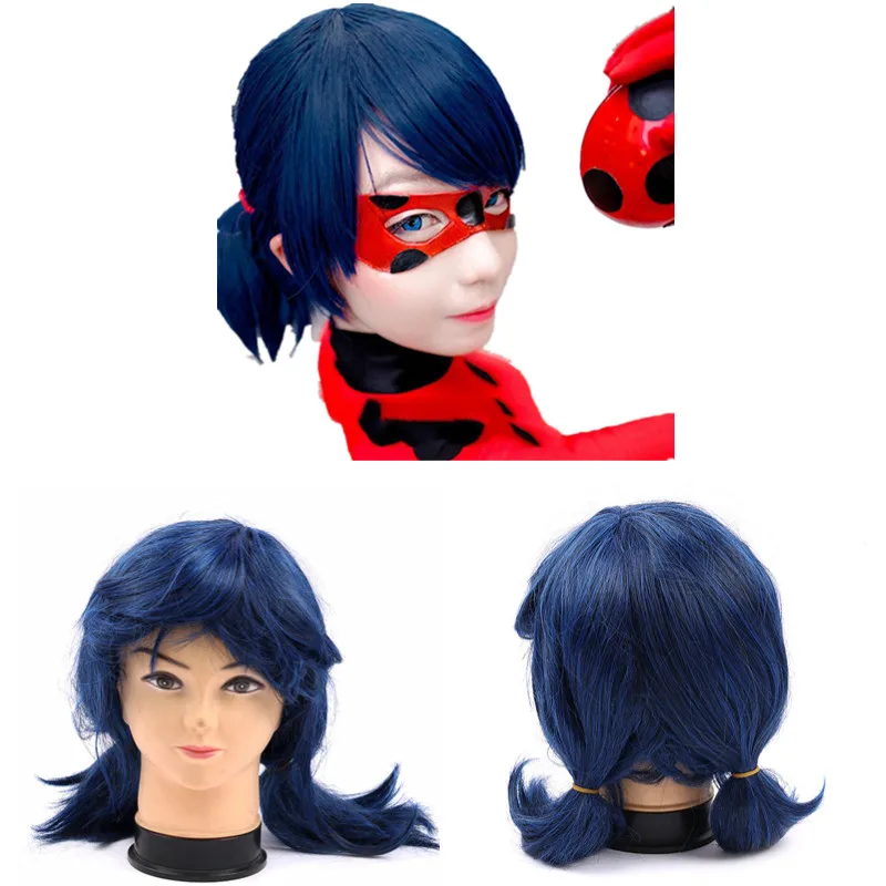 

Magical Ladybug Wig Peluca Marinette Girl Female Role Playing Double Ponytail Short Straight Blue Hair Halloween Makeup Wig