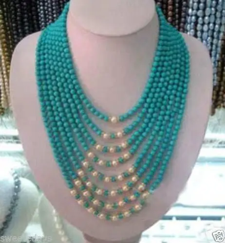 

Jewelr 005406 Beautiful 8Row 5mm Turquoise White Pearl Necklace