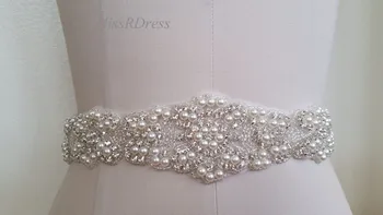 

MissRDress Pearls Bridal Belt Hand Beaded Wedding Sash Silver Rhinestones Wedding Belt Sash For Women Dresses JK903