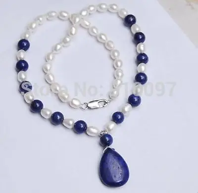 

ER505 >>Natural 7-8MM White Akoya Pearl / Lapis Lazuli Pendant Necklace 18"AAA