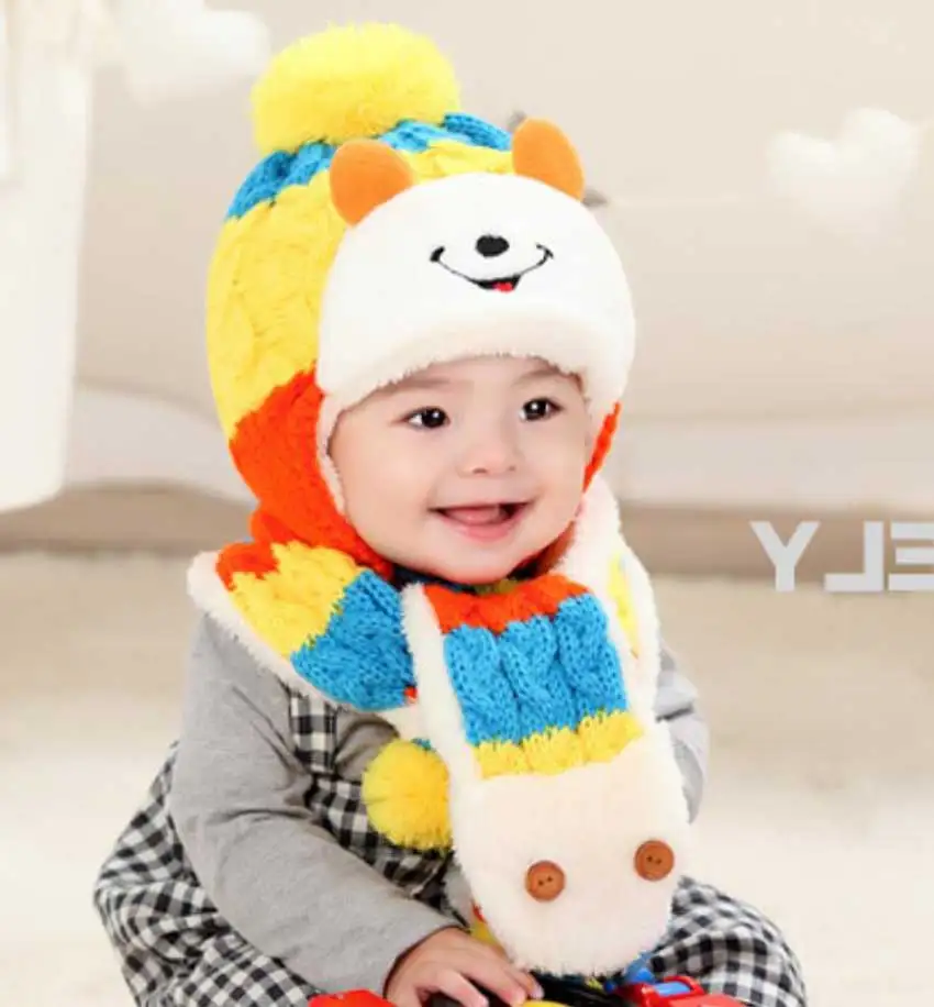 Зимние шляпка для девочки и шарф набор для ребенка мальчик дети улыбающееся лицо мультфильм дизайн в полоску вязаная шапочка шарфы с