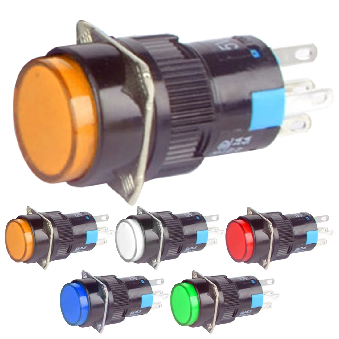 

Press Button Switch 16mm LED Power Mark Lamp Button Latching Control Switch Self-lock Switch 5 Pin 3 row 5V