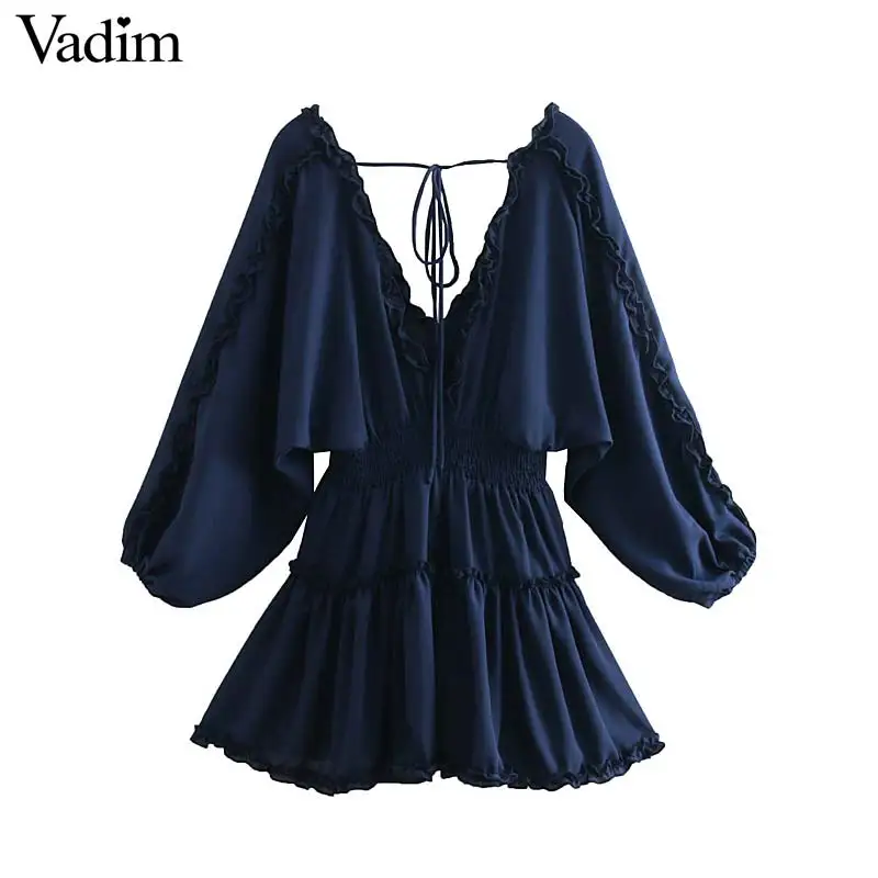 

Vadim women stylish deep V neck chiffon mini dress back bow tie backless elastic waist female sexy party mini dresses QB663