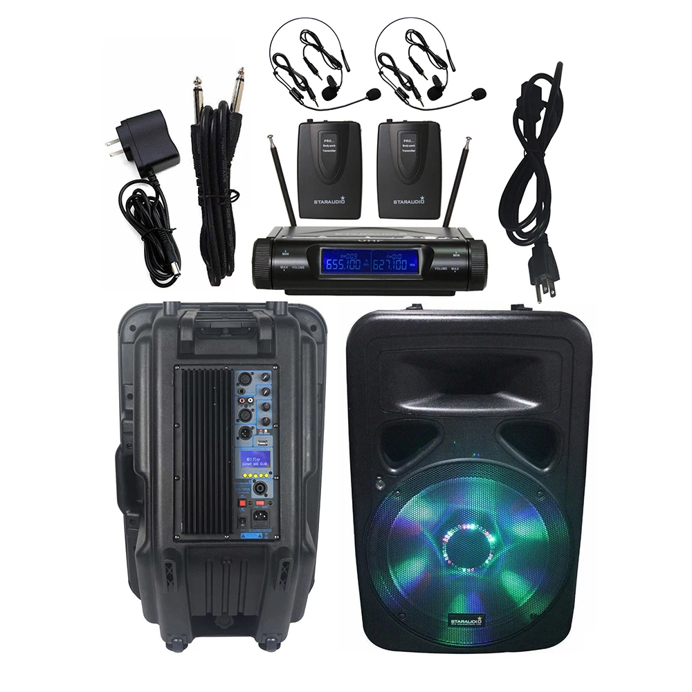 

STARAUDIO 3500W Active 15" Powered DJ PA Bluetooth Speaker RGB Light Speaker 2 Channel UHF Wireless Headset Microphone SML-15RGB