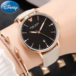 Women Dress Fashion Simple Calendar Luminous Hand Quartz Leather Band Watch Female Beautiful Mickey Clock Genuine Disney Brand