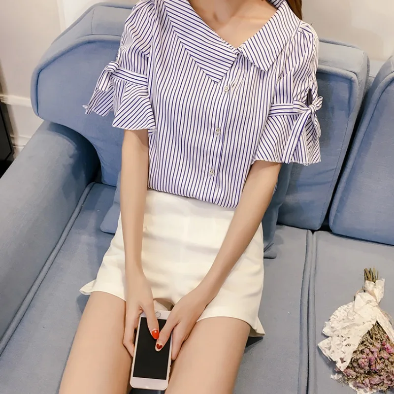 Women Blouse Flare sleeve Korean style   striped irregular V-neck short-sleeved shirt and Blouse Women Turn-down Collar Blouse