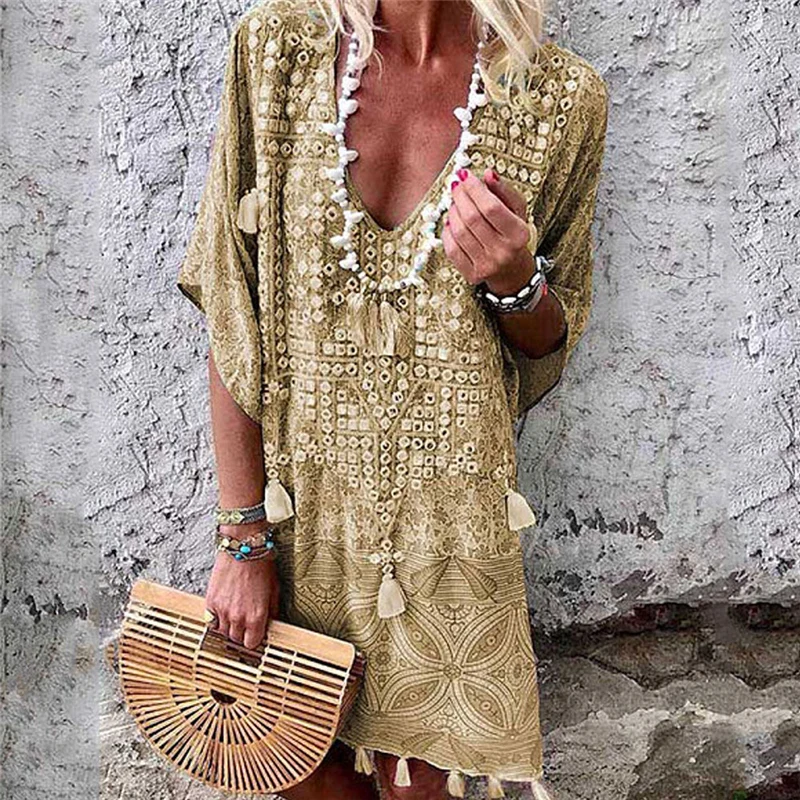 

2019 New Womens Sleeveless Boho Vintage Print Floral Loose Short Dress Party Casual Cotton Linen Kaftan Dresses Plus Size S-3XL
