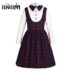 Iiniim/Детская школьная Униформа с лацканами в клетку трапециевидной формы накладные элегантное платье для девочек маскарадный костюм