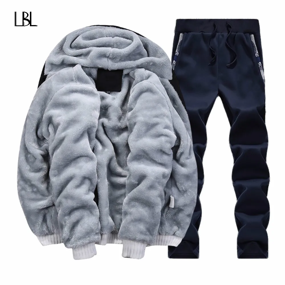 Winter Brand Warm Hooded Fur Fleece Hoodies Men 2018 Jacket Men Hoodies Sweatshirts Men Coat+Pant 2 PCS Cardigan Tracksuit Men