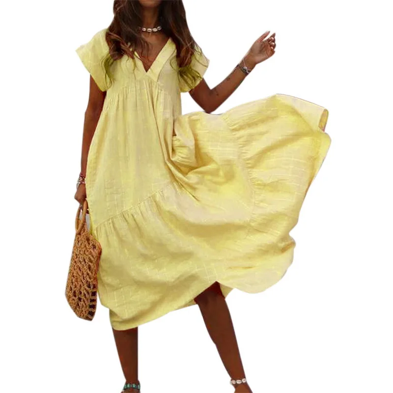 Vertvie летнее женское пляжное платье, повседневное с v-образным вырезом, однотонная длинная юбка, сексуальные женские туники, пляжная мода, короткий рукав, пляжная одежда - Цвет: Цвет: желтый