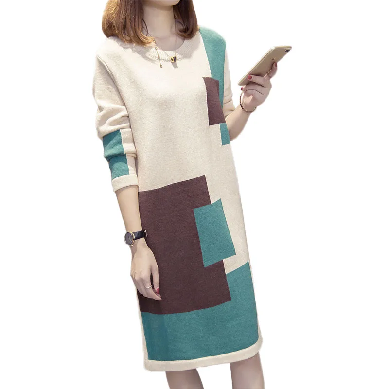 New 2017 Fashion Autumn Winter Dress Casual Long Sleeves Knitted Dress Round Neck Loose Sweater Dress