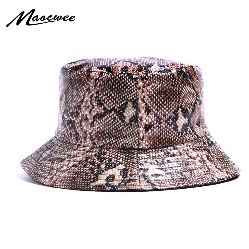 

New ladies PU material bucket cap snakeskin fisherman hat Men's casual outdoor travel folding sun hat